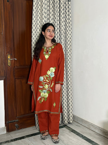 Tisha kashmiri aari woollen kurta set - Rust Orange
