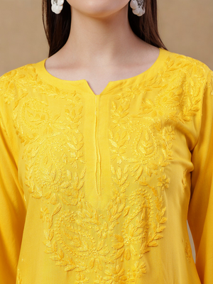 Rayon Chikankari Women's 3 PC Long Kurta Set - Yellow
