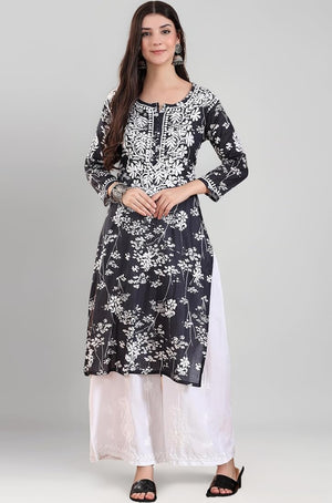 Mulmul Cotton Print Chikankari Kurta- Black