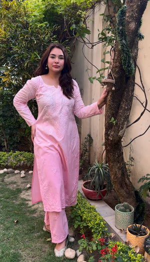 Jia Mulmul Cotton ombre Chikankari Kurta set- Pink