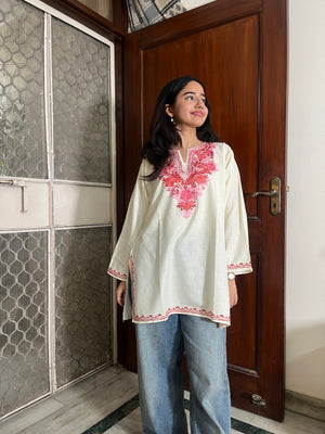 Trisha Kashmiri Short Cotton kurti- White