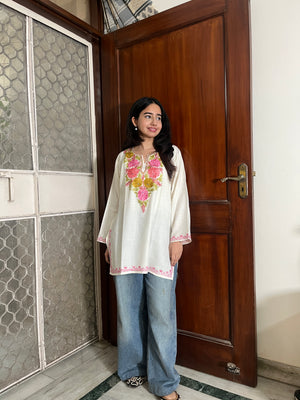 Trisha Kashmiri Short Cotton kurti- White