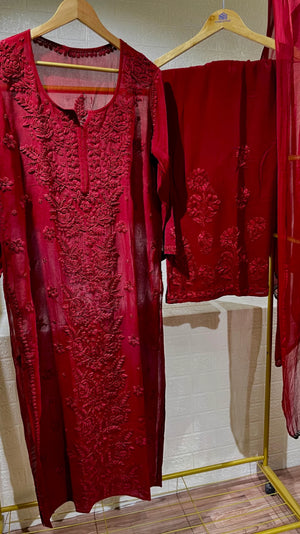 Rose Viscose georgette kurta Set with dupatta - Red