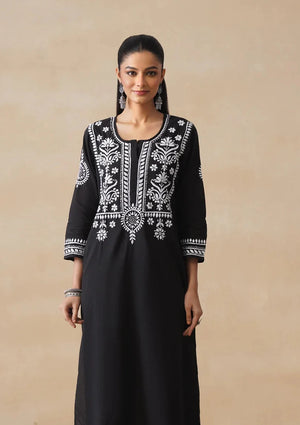 Cotton Chikankari Kurta Set- Black