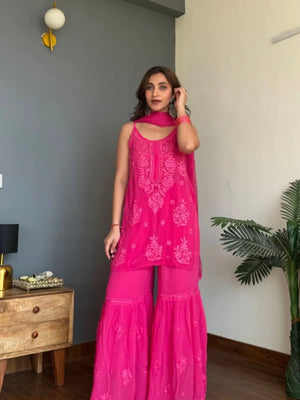Yashika Viscose strappy Short Kurti Gharara Set - Pink