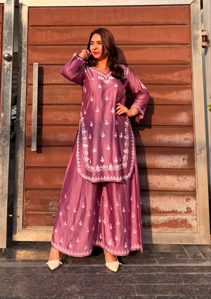 Tisha chanderi Silk Kurta & sharara Chikankari Set with dupatta- Pink
