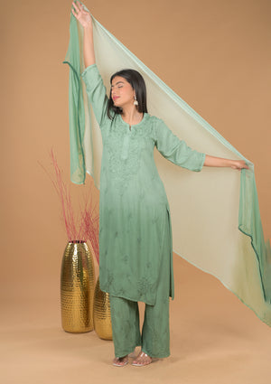 Rayon Chikankari Women's 3 PC Long Kurta Set - Green