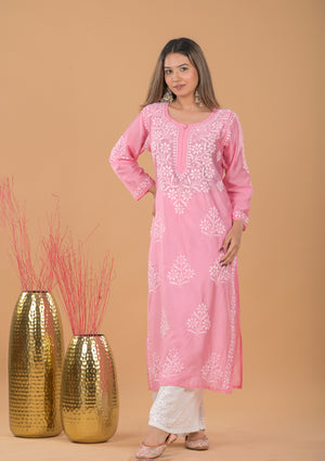 Chanderi Chikankari Long Kurta - Pink