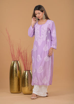 Chanderi Chikankari Long Kurta - Purple