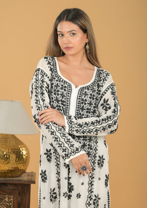 Viscose Georgette Chikankari Long Kurta - White