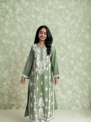 Kia cotton silk chikankari kurta- green