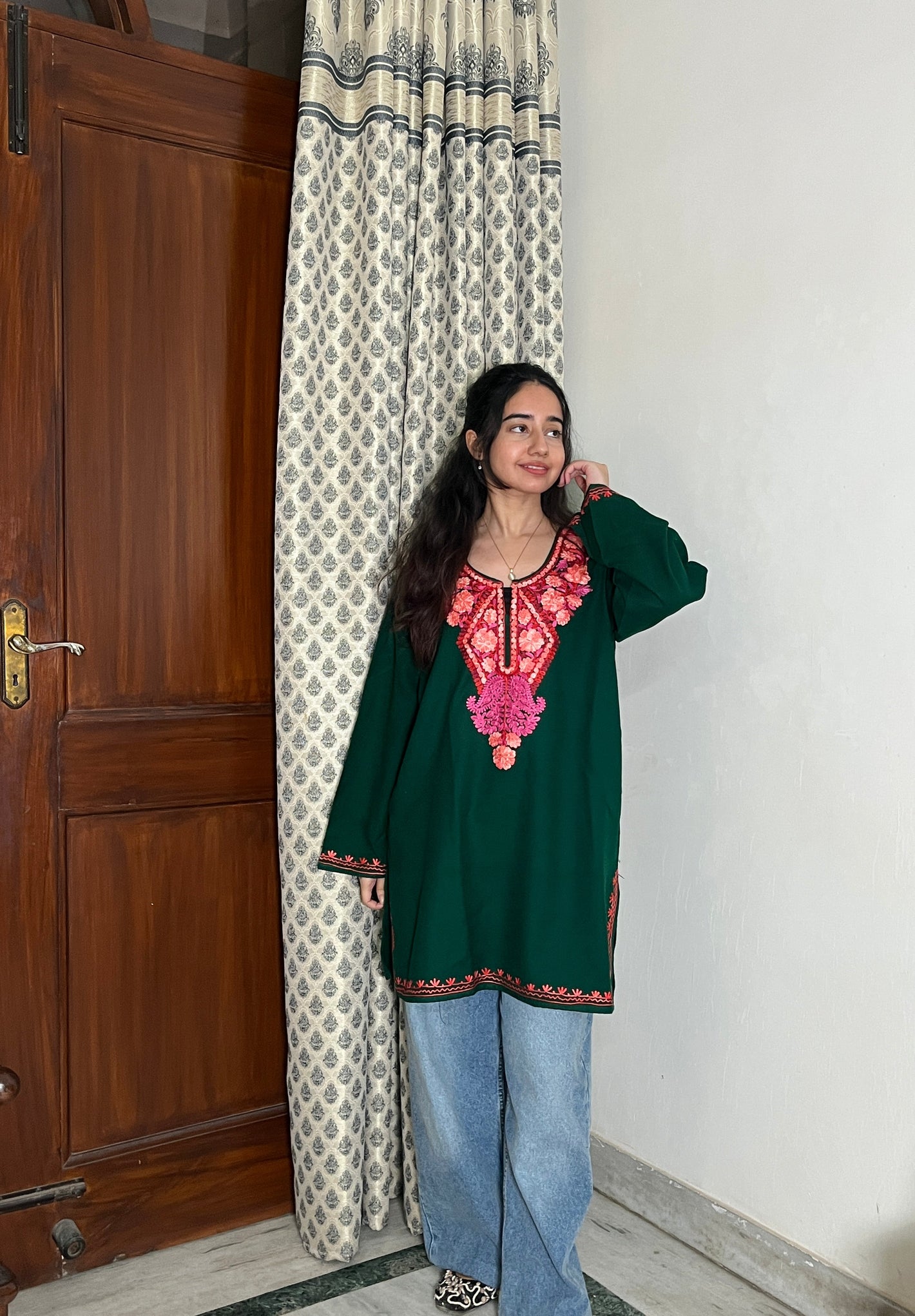 Jasmine Kashmiri Short woollen Pheran - Green