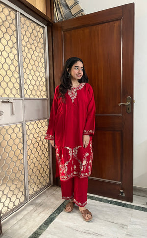 Kashmiri Woollen kurta set- Red