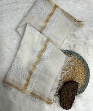 Chanderi silk embroidery white dupatta