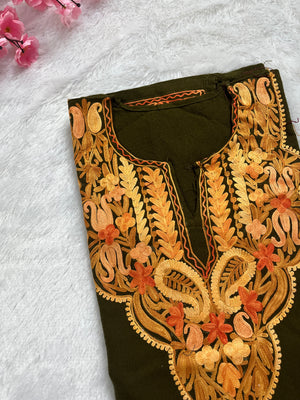 Risha Aari Woollen Pheran- Olive green