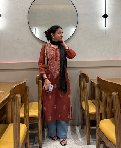 Oshin Mul Chanderi Long Kurta - Brown