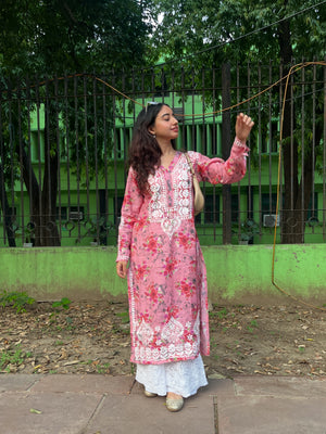 Zaira Chanderi printed Long Kurta- Pink