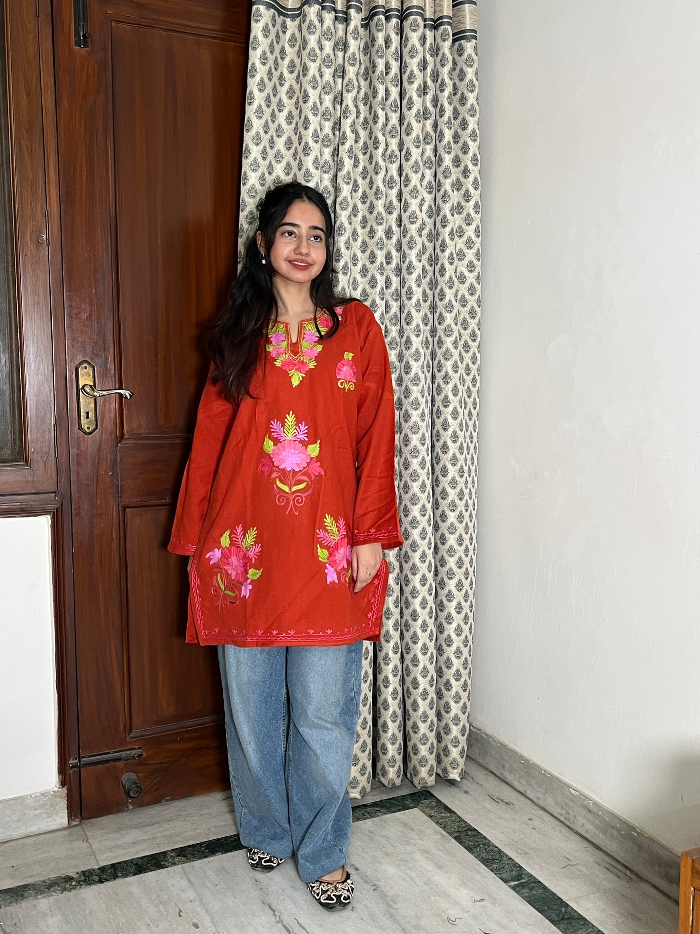 Kusum Kashmiri Short woollen Pheran - Rust Orange