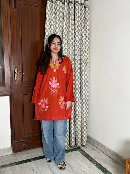 Kusum Kashmiri Short woollen Pheran - Rust Orange