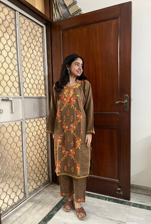 Kashmiri Woollen kurta set- Brown