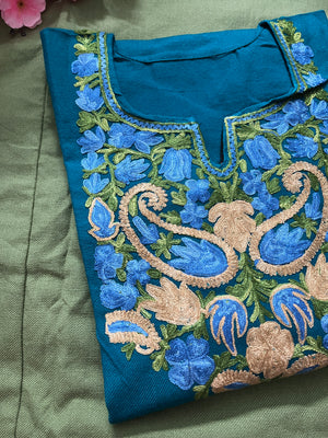 Noor Aari Woollen Pheran- Teal Blue