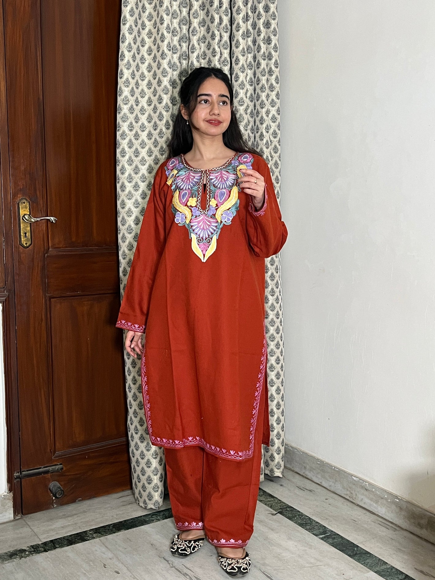Tisha kashmiri aari woollen kurta set - Rust Orange