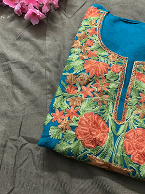 Noor Aari Woollen Pheran- Teal