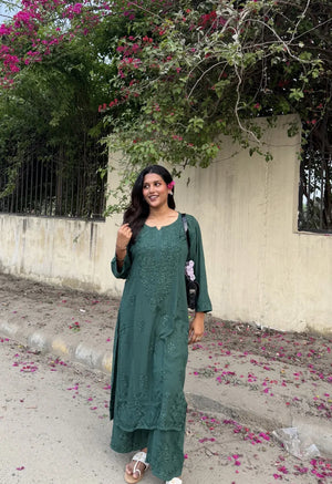 Aisha Rayon Chikankari kurta palazzo set- Dark Green