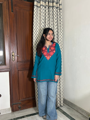 Soha Kashmiri Short woollen Kurti- Teal Blue