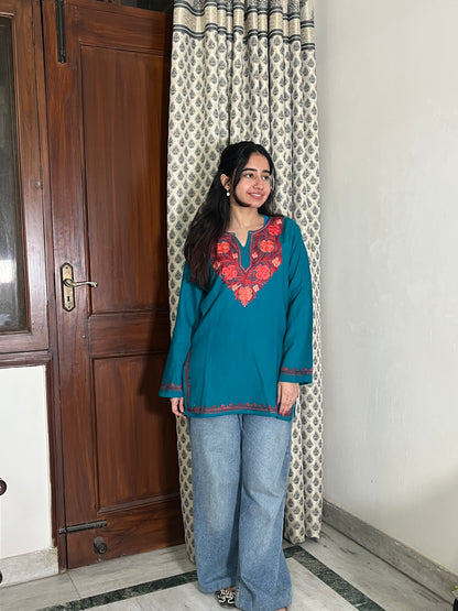 Soha Kashmiri Short woollen Kurti- Teal Blue