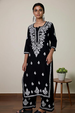 Gia Rayon Chikankari Kurta set- Black