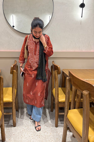 Oshin Mul Chanderi Long Kurta - Brown