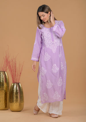 Chanderi Chikankari Long Kurta - Purple