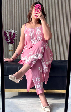 Rayon noodle strap kurta set- Pink