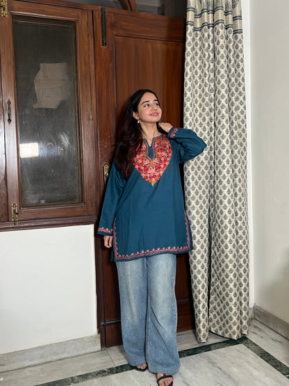 Kashmiri Short Cotton kurti- Teal Blue