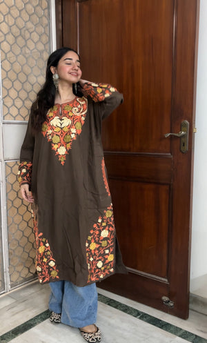 Kashmiri Aari Woollen Pheran- Brown