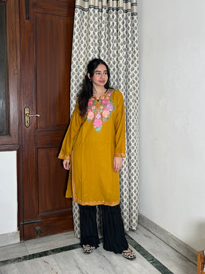 Zoha Kashmiri wool long kurta- mustard