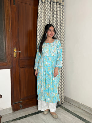 Vaishali Mulmul Chikankari Kurta- Blue