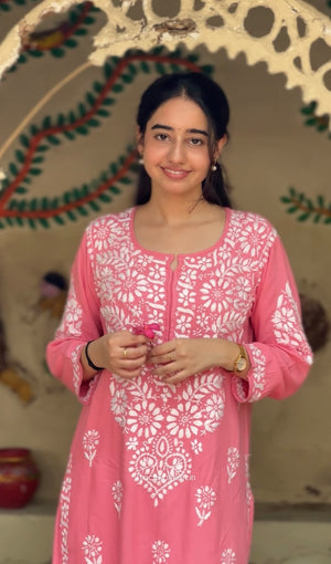 Saima Rayon Chikankari Kurta set- Pink