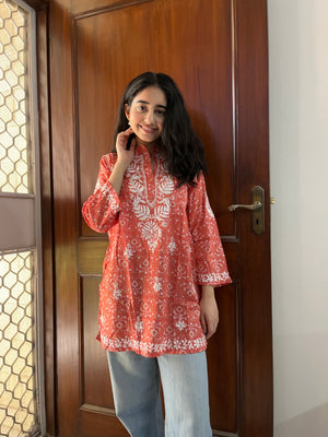 Mulmul print short kurti- rust