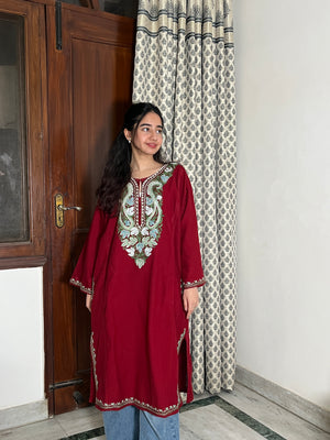 Sara Aari Woollen Pheran- Maroon