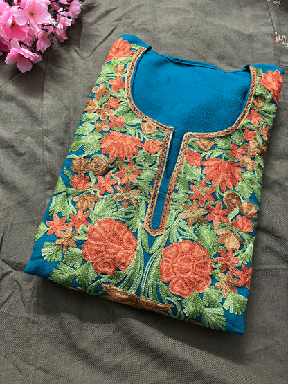 Noor Aari Woollen Pheran- Teal