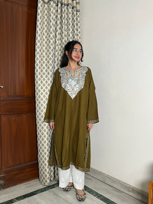 Kashmiri Woollen Tilla Pheran - Olive green