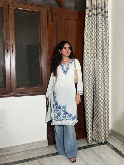 Saira Kashmiri long Cotton kurti- White