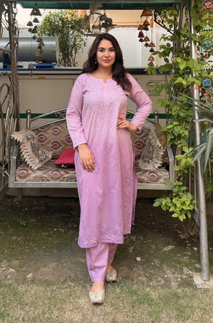 Jia Mulmul Cotton ombre Chikankari Kurta set- Lilac