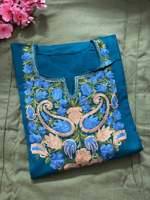 Noor Aari Woollen Pheran- Teal Blue