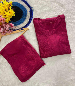 Aisha Rayon Chikankari Kurta set- Pink