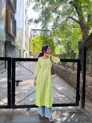 Riya Dobby Cotton long kurta- Green