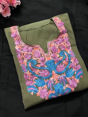 Noor Aari Woollen Pheran- Olive green