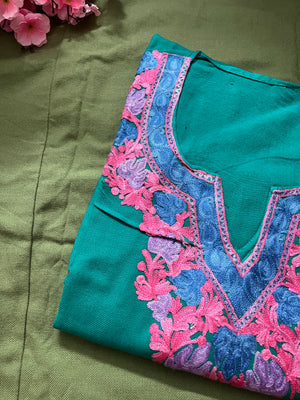 Noor Aari Woollen Pheran- Teal Blue